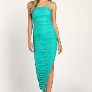 Lulus Amazed By You Ruched Spaghetti-Strap Midi Dress in Teal
